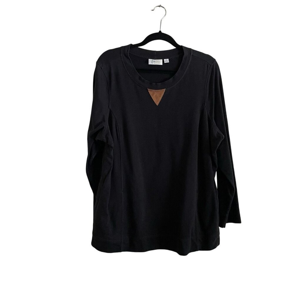 Denim & Co Active Women Plus 1X Black W/Brown Faux Suede Neckline Trim L/S Top